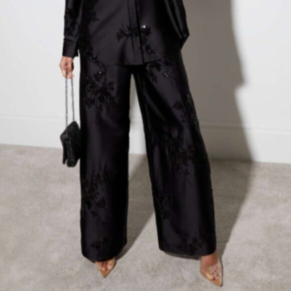 Brand New Rachel Zoe Black Satin Sequin Embellished Wide Leg Trousers - Picture 1 of 13